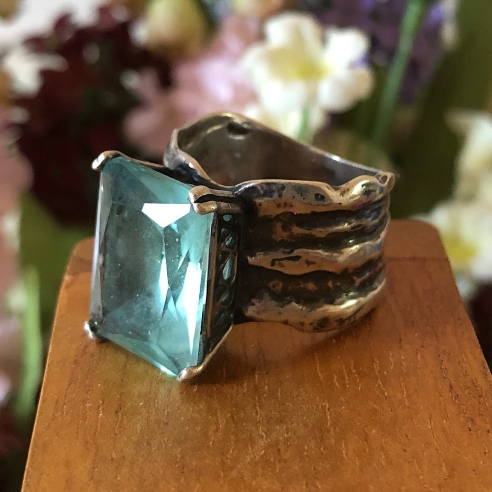 Vintage Silpada Sterling Silver Aqua Glass Statement Ring Size 8 - Picture 9 of 14